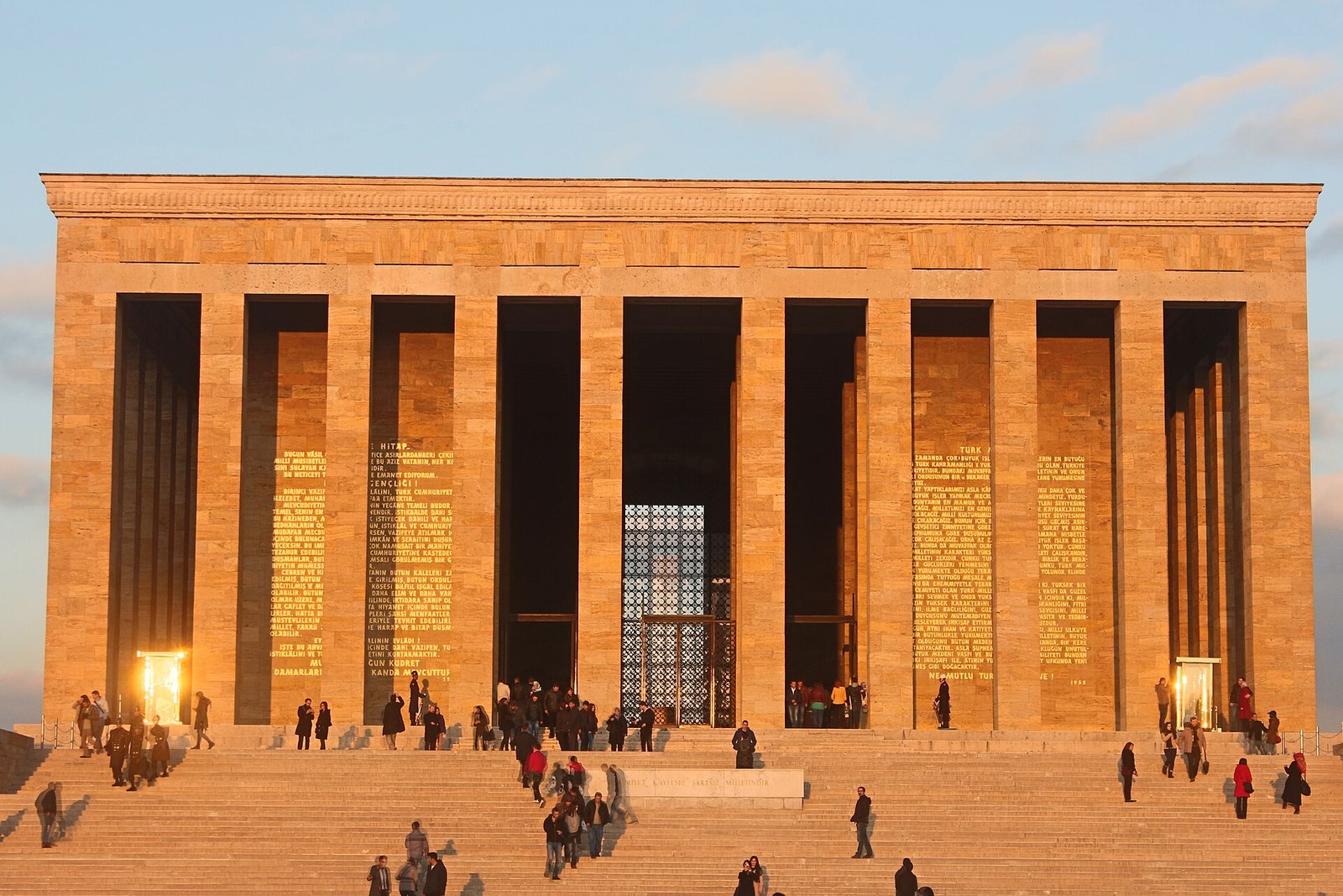 The colonnaded Hall of Honor of Anıtkabir, Atatürk's mausoleum in Ankara, glowing in the late-afternoon sun.