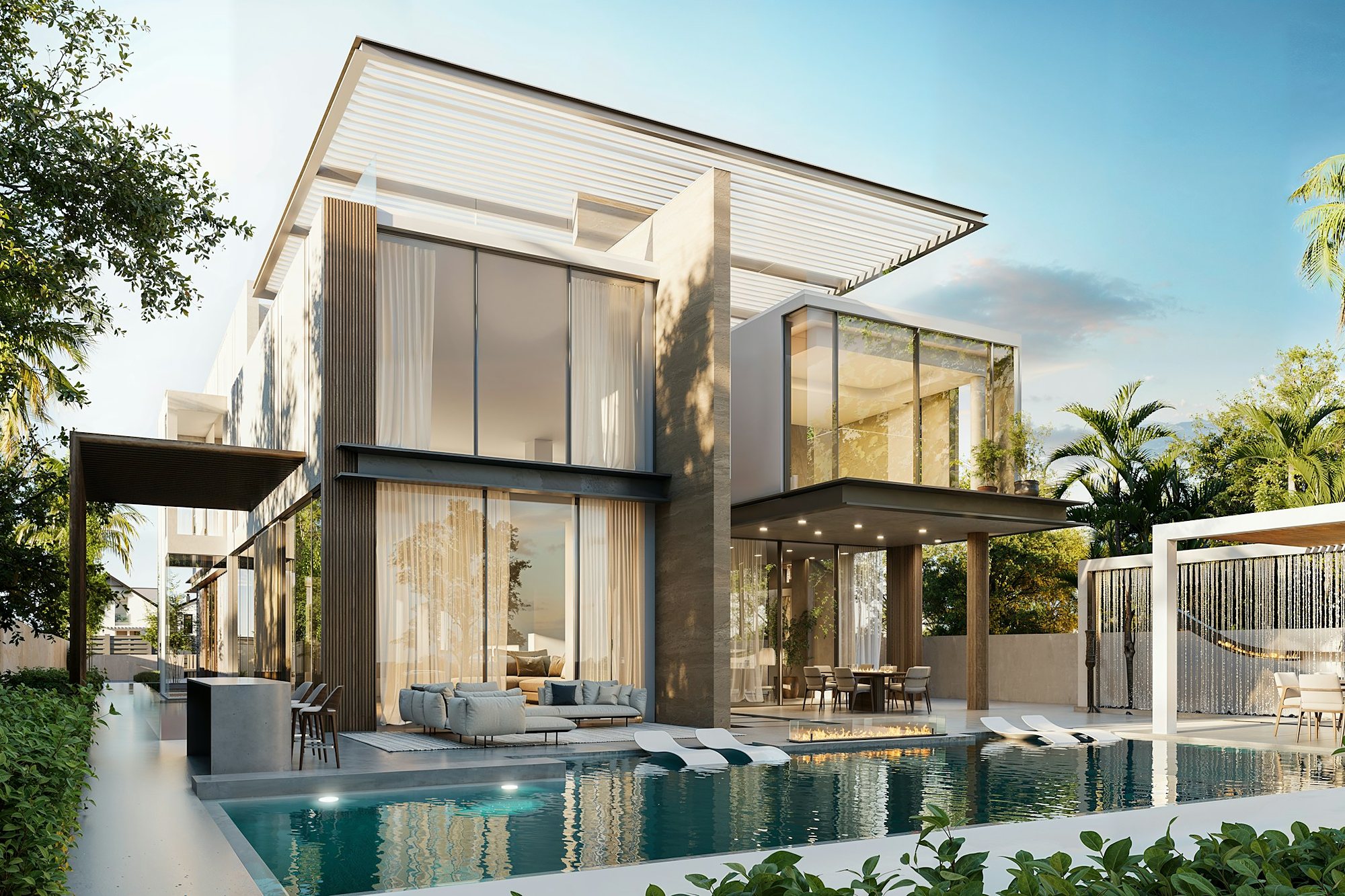 A modern luxury villa with a pool and palms
