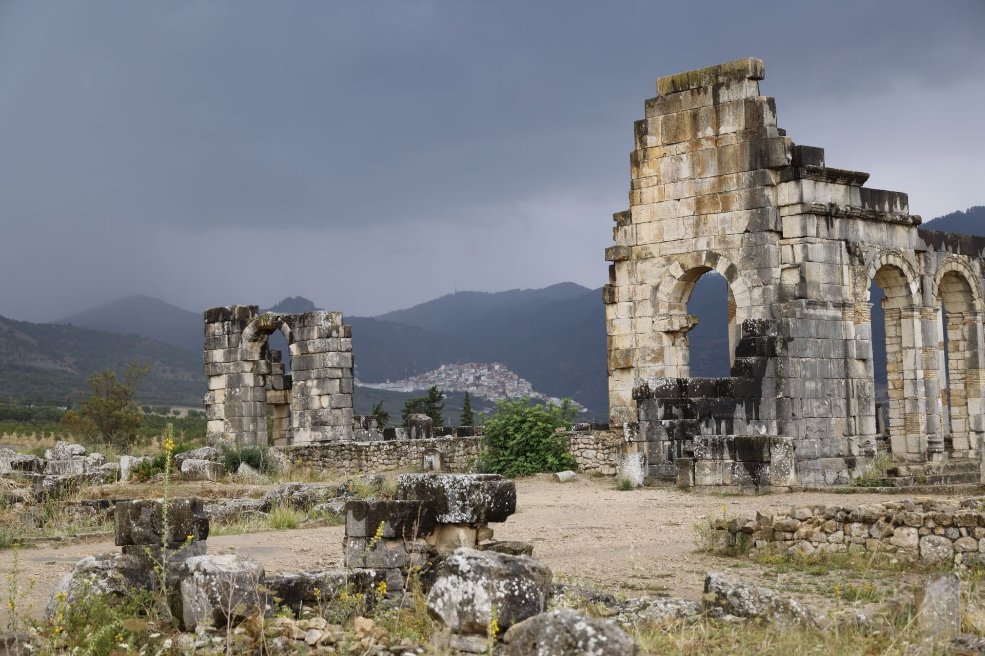 The Roman basilica of Volubilis, with Moulay Idriss on its hill beyond, Morocco