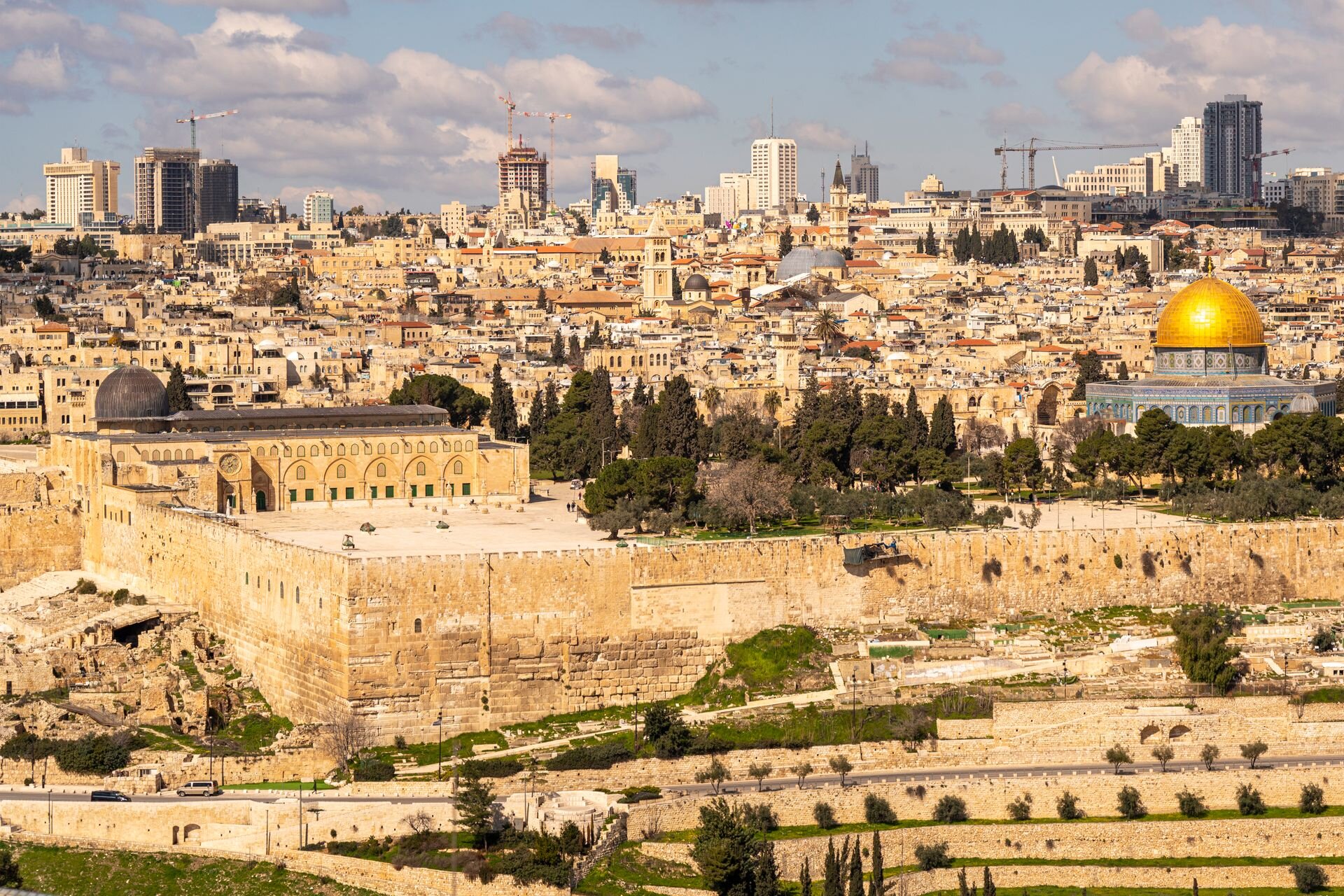 Jerusalem's Old City from the Mount of Olives, with Al-Aqsa, the Dome of the Rock and church towers