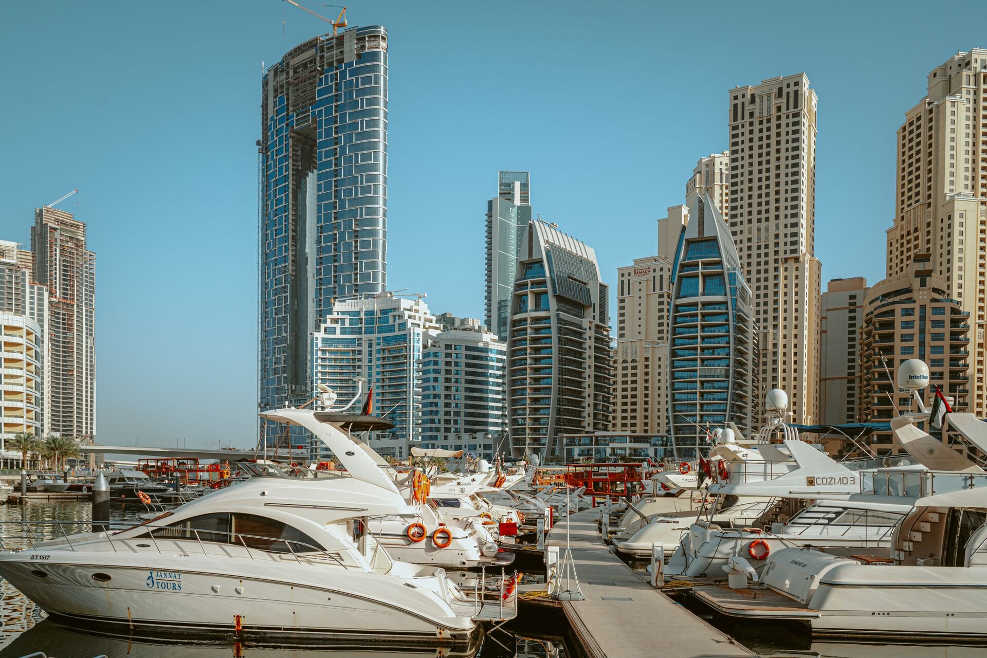 Motor yachts in their berths in Dubai Marina