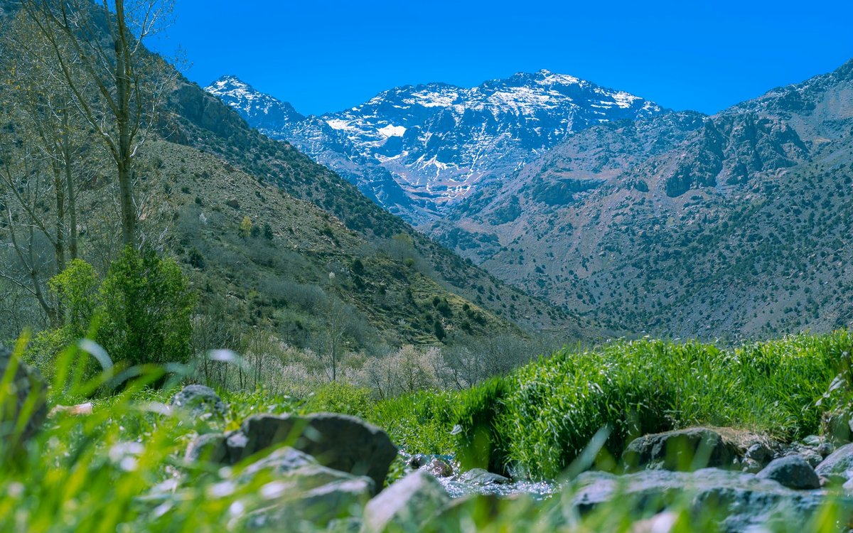 Snow on the High Atlas peaks above the Imlil valley, the mountain country that surrounds Kasbah Tamadot near Asni