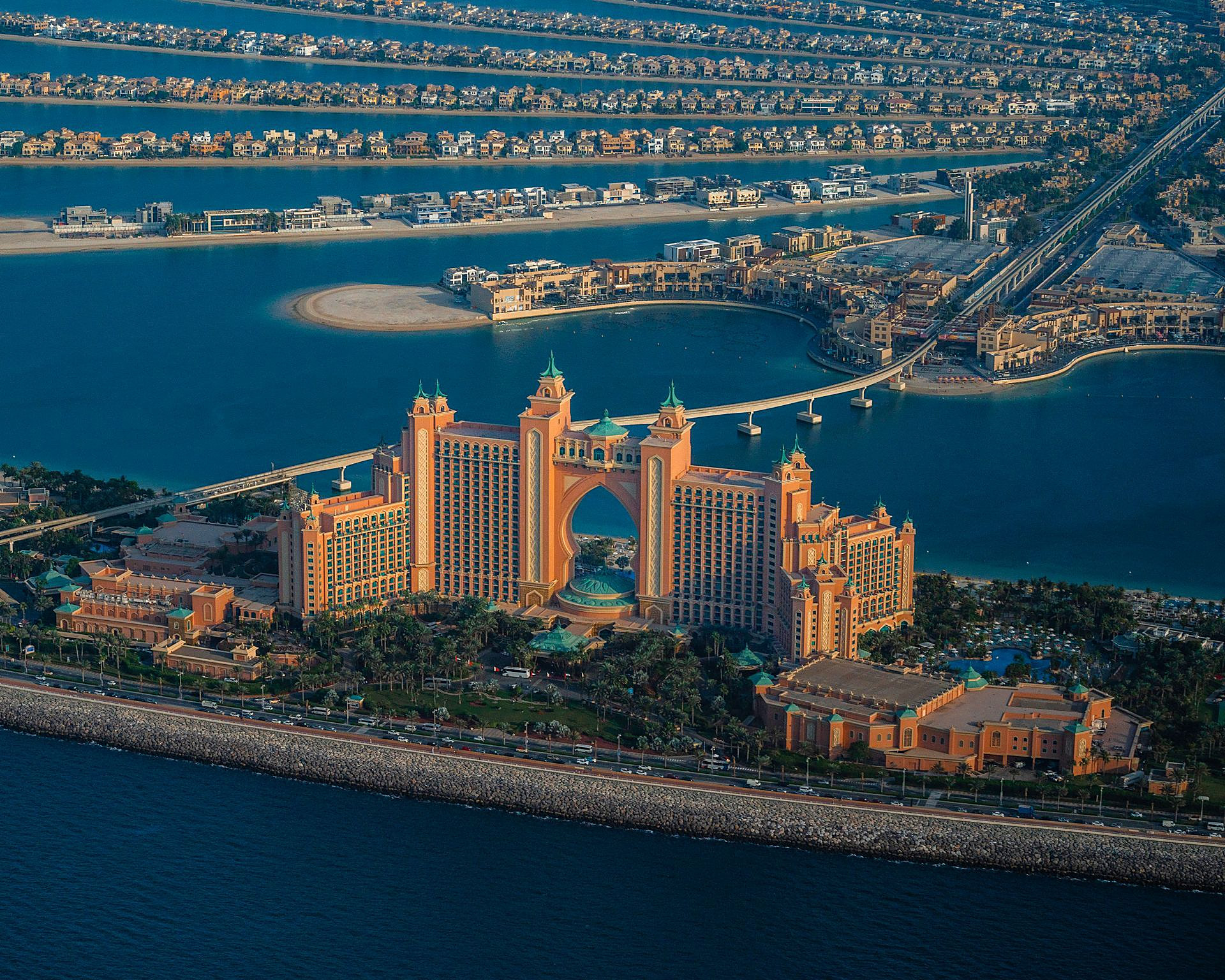 Atlantis The Palm seen from the air, with the villas and fronds of Palm Jumeirah