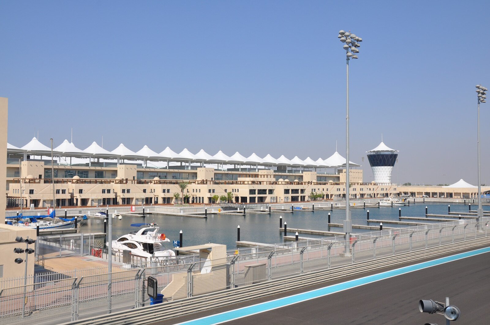 The marina and white-canopied grandstands of Yas Marina Circuit, home of the Abu Dhabi Grand Prix