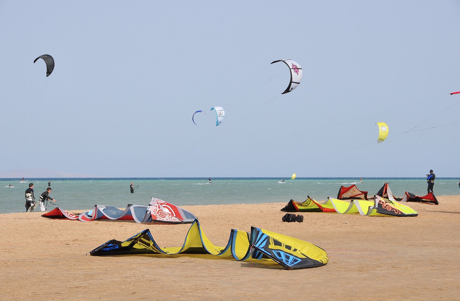 Colorful kites on the sand and in the sky at Mangroovy Beach, El Gouna, a kitesurfing spot on the Red Sea.