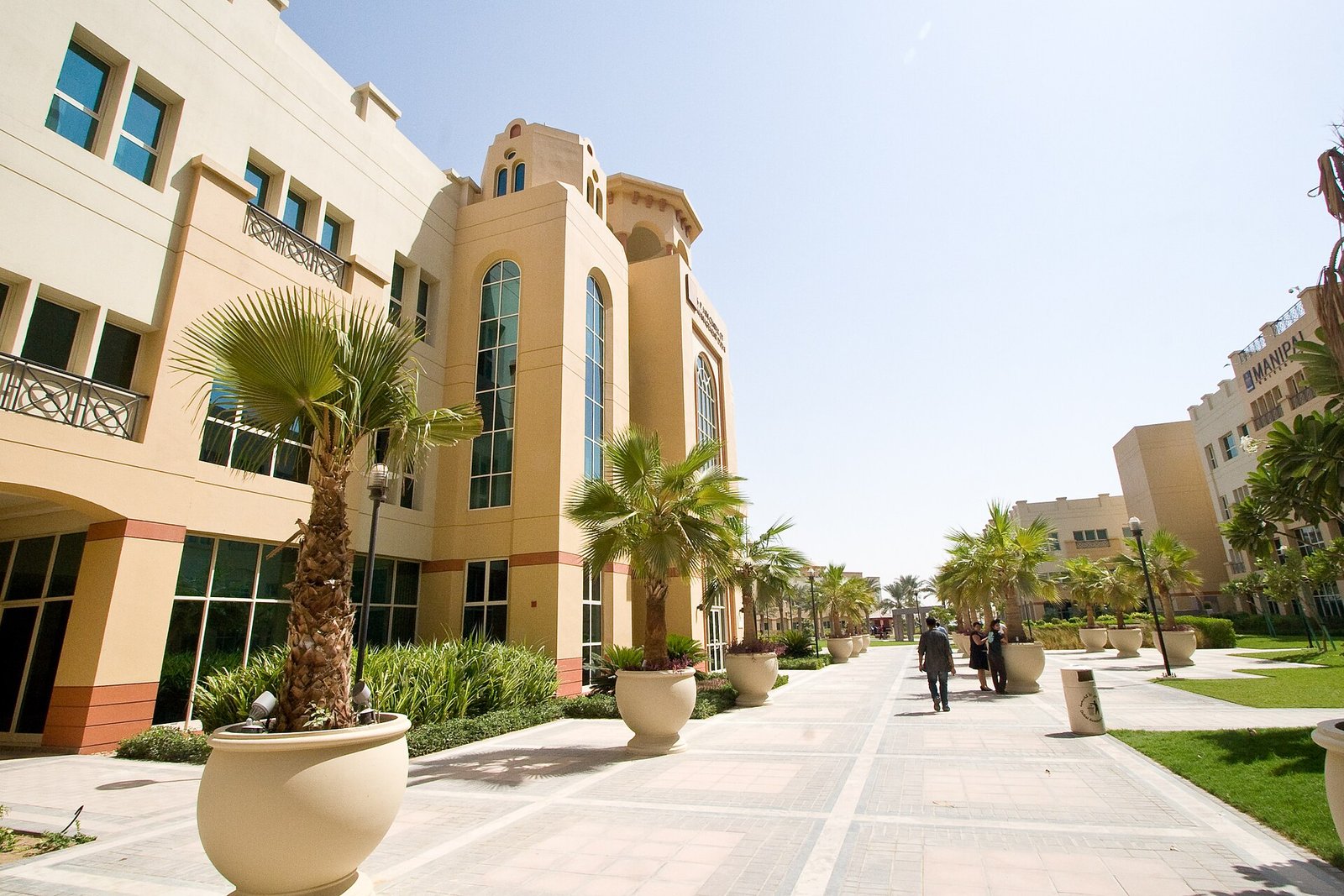 A palm-lined walkway runs between the sunlit buildings of a university campus in Dubai.