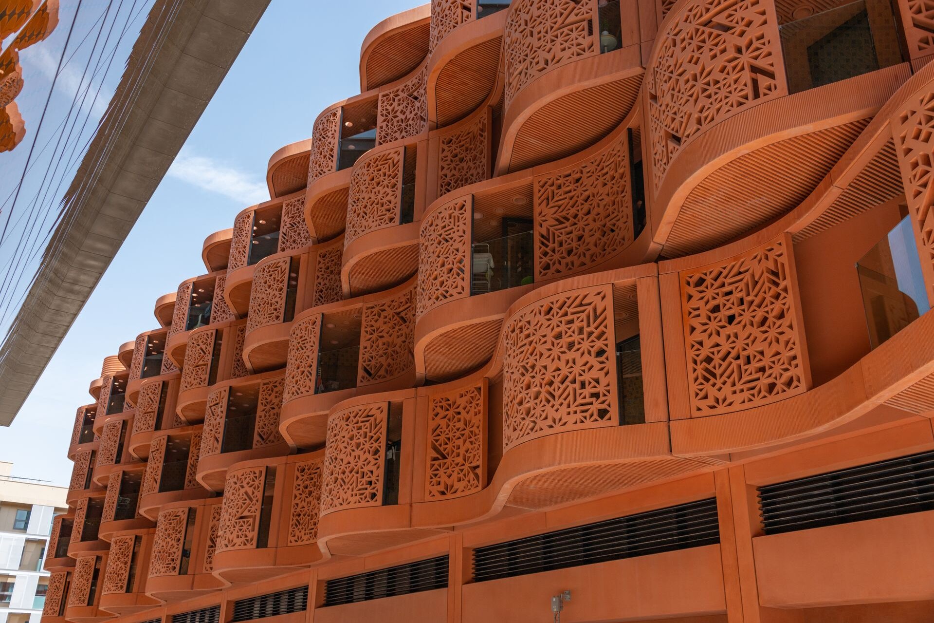 The latticed terracotta facades of Masdar City, Abu Dhabi