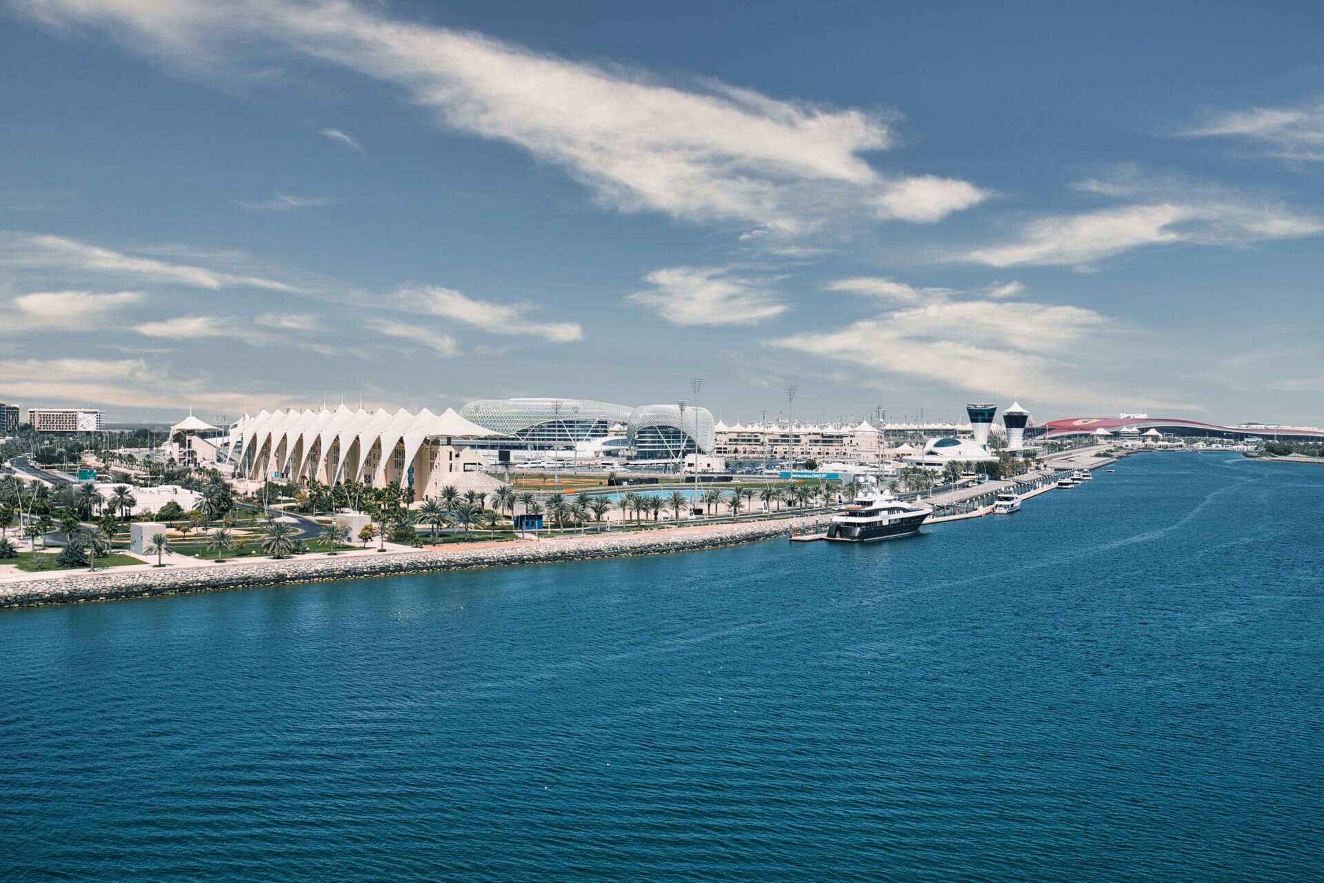 The Yas Marina Circuit grandstands and marina, Yas Island, Abu Dhabi
