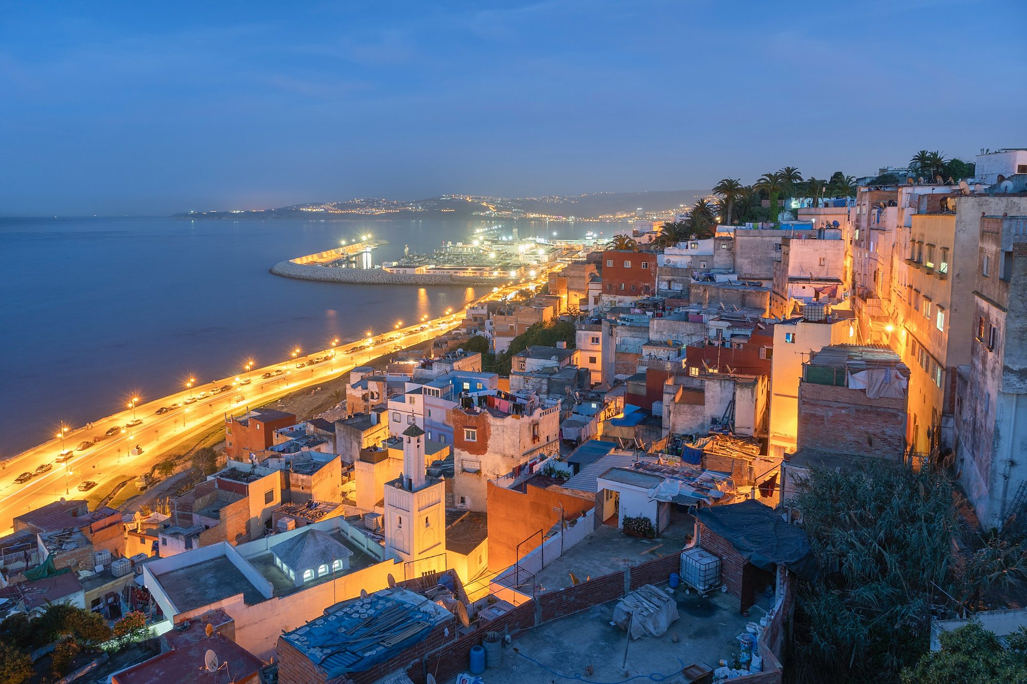 Tangier at dusk, from the old medina above the bay and port