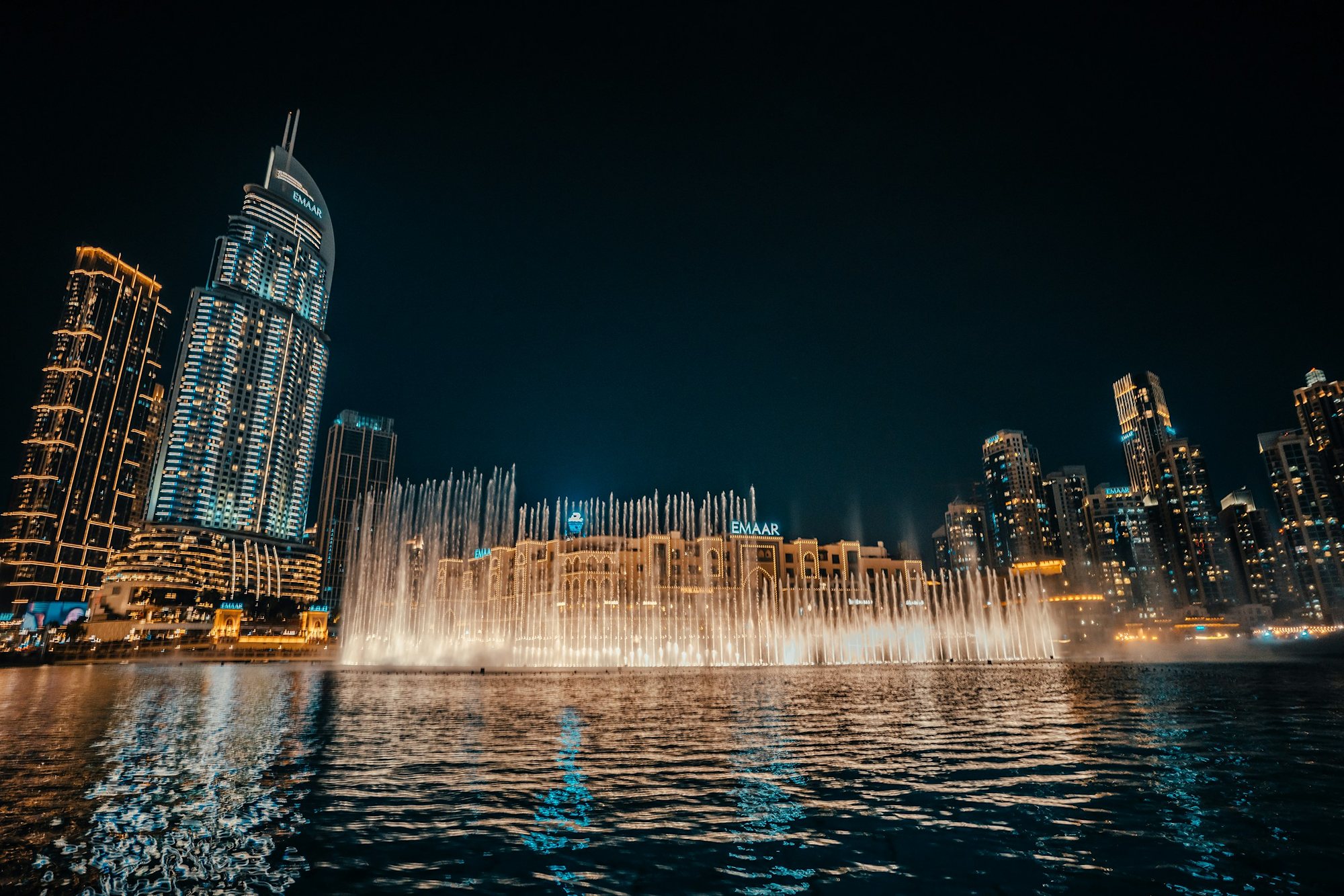 The Dubai Fountain show at night in Downtown Dubai