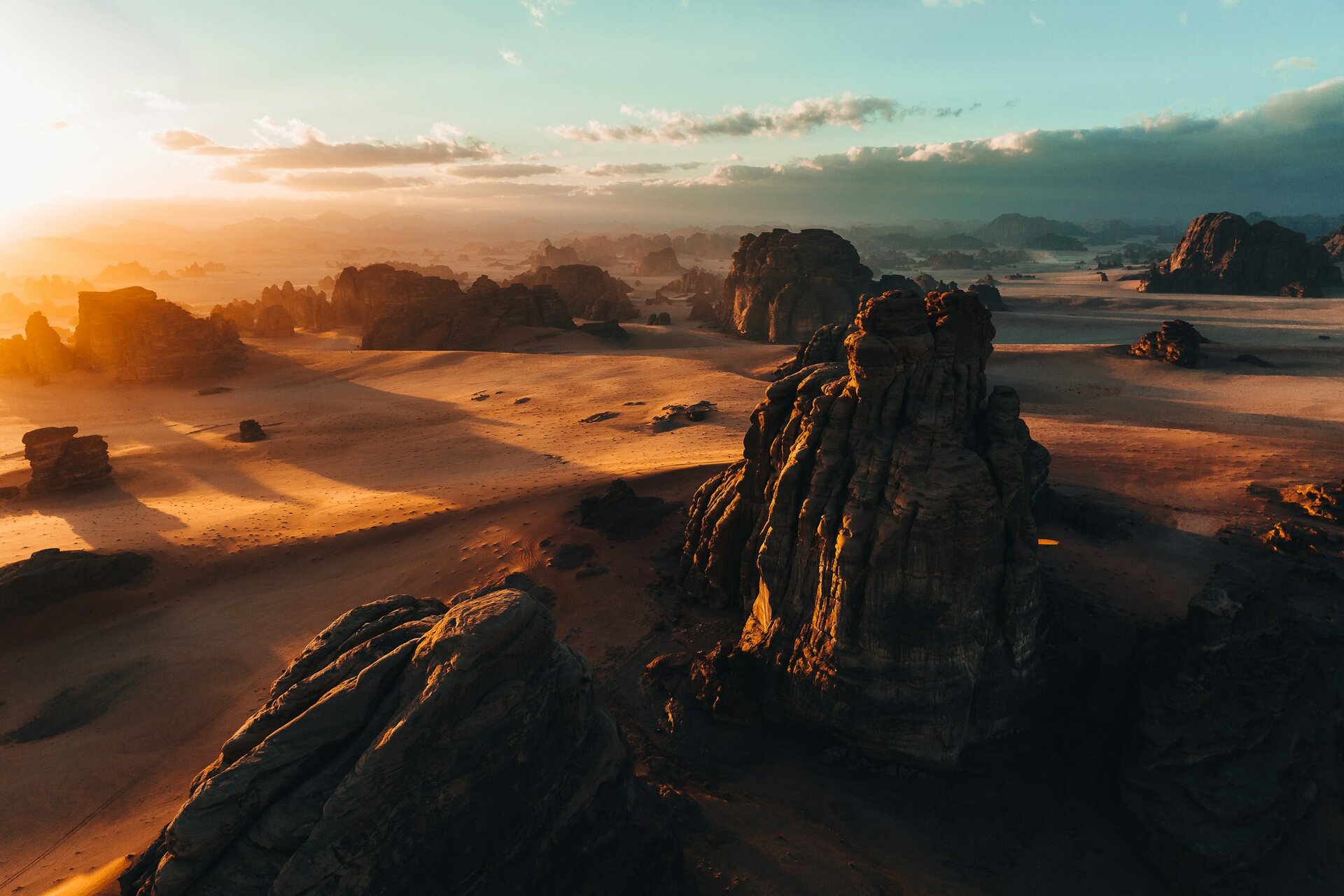 Sandstone towers in the Hisma Desert of NEOM at sunrise, Saudi Arabia