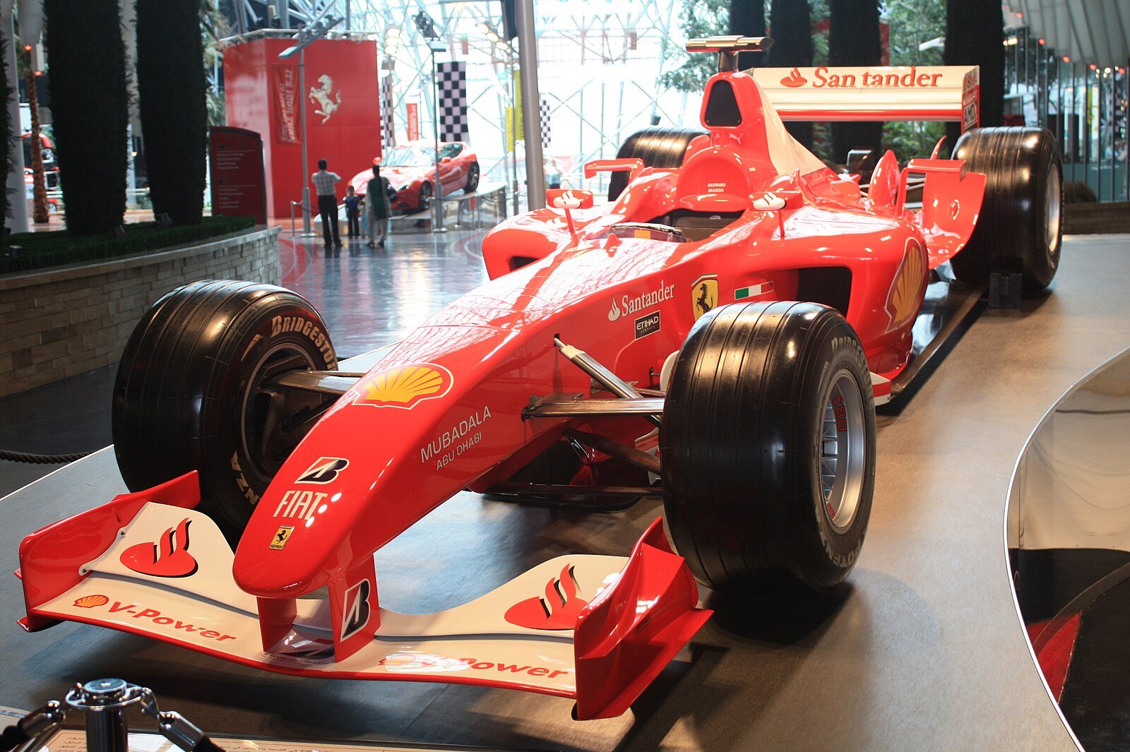 A Scuderia Ferrari Formula One car on display beneath the soaring roof of Ferrari World, Yas Island, Abu Dhabi