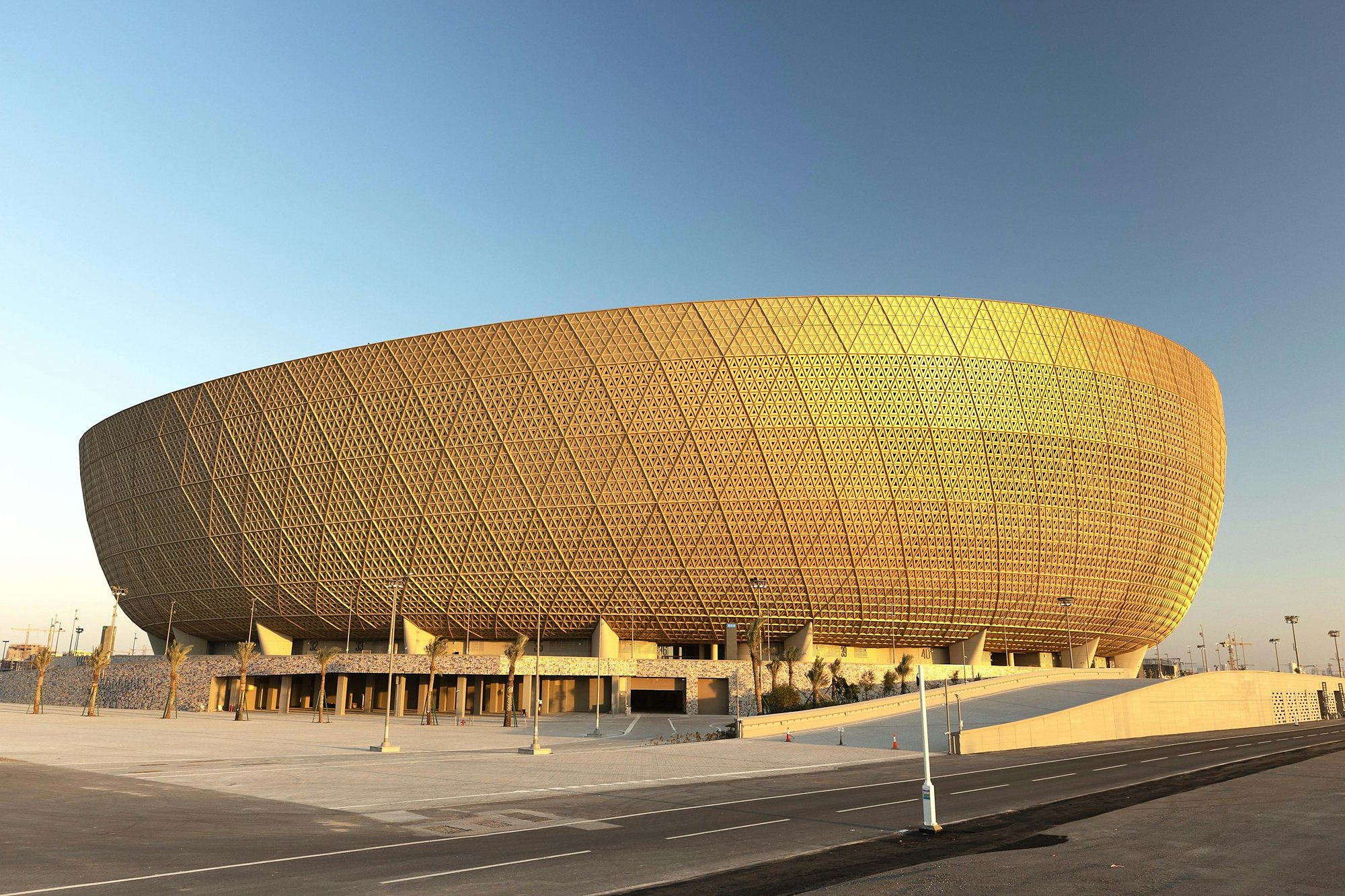 The golden bowl of Lusail Stadium, home of the 2022 World Cup final, Qatar