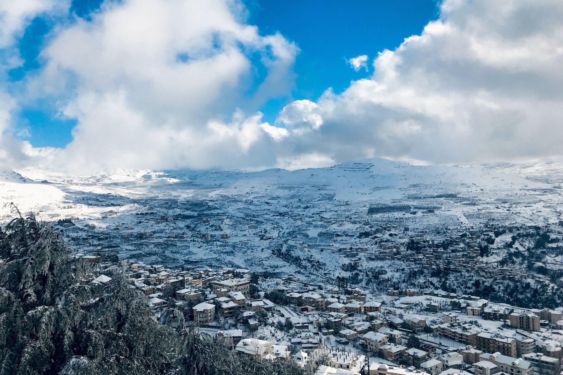 A mountain town and valley under fresh snow, Lebanon