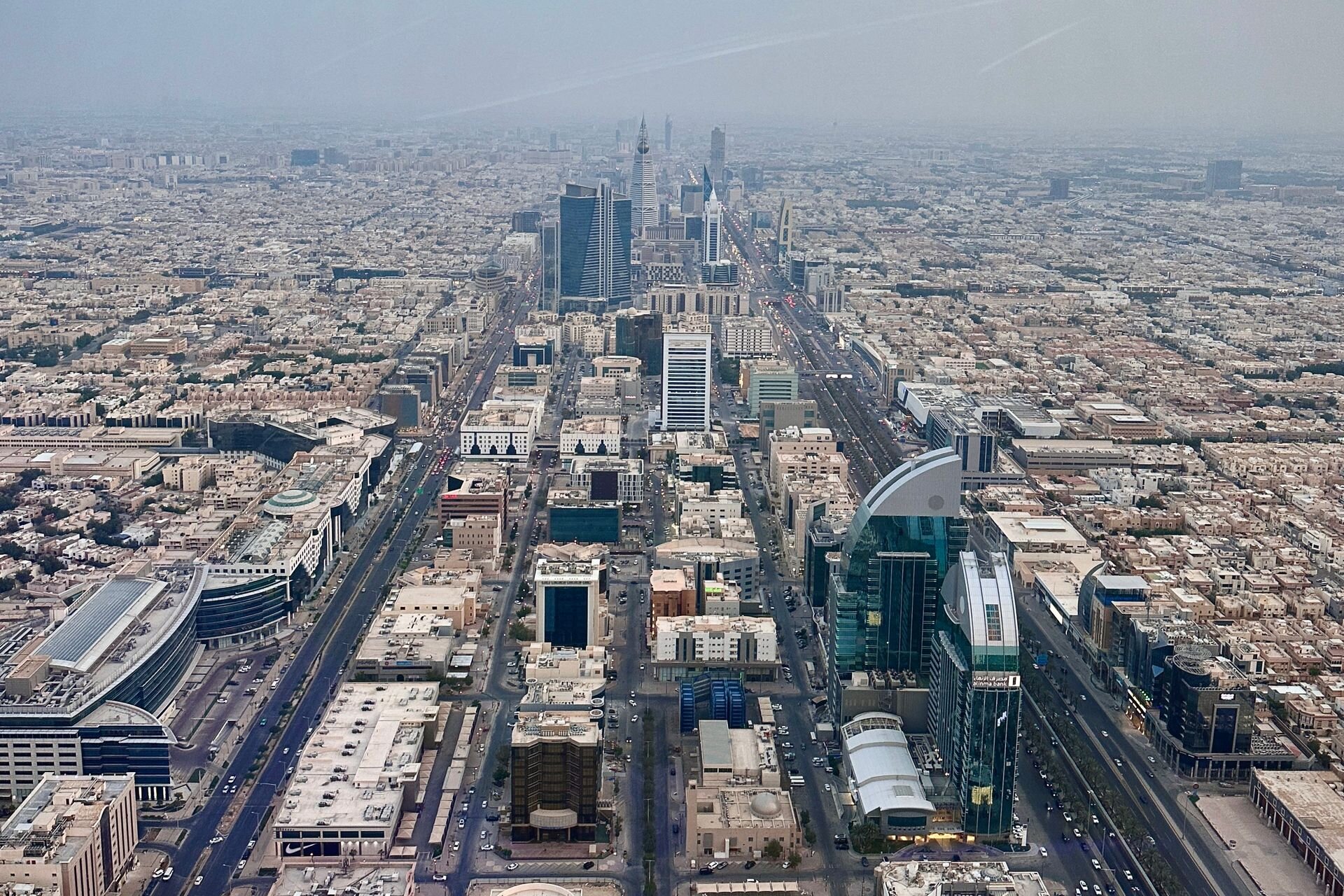 Riyadh from above, King Fahd Road running toward the city's towers