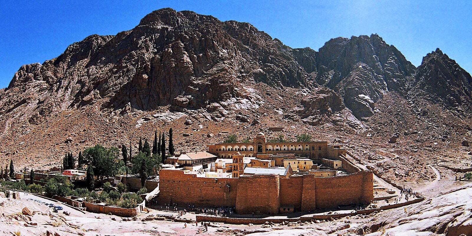 Saint Catherine's Monastery and its walled gardens at the foot of the granite mountains of Sinai.