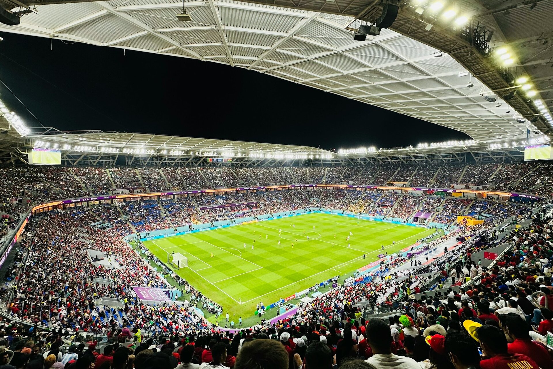 A full house under the lights at Stadium 974 during the 2022 World Cup, Doha
