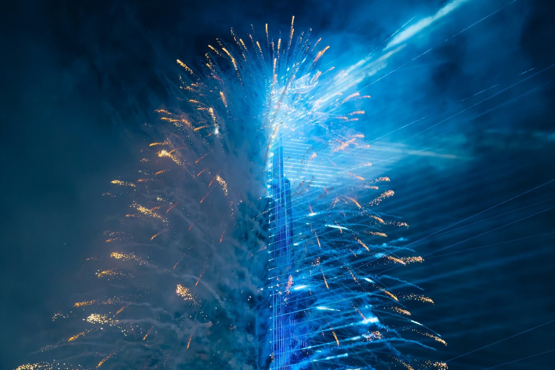 Fireworks and light beams over Burj Khalifa, Dubai