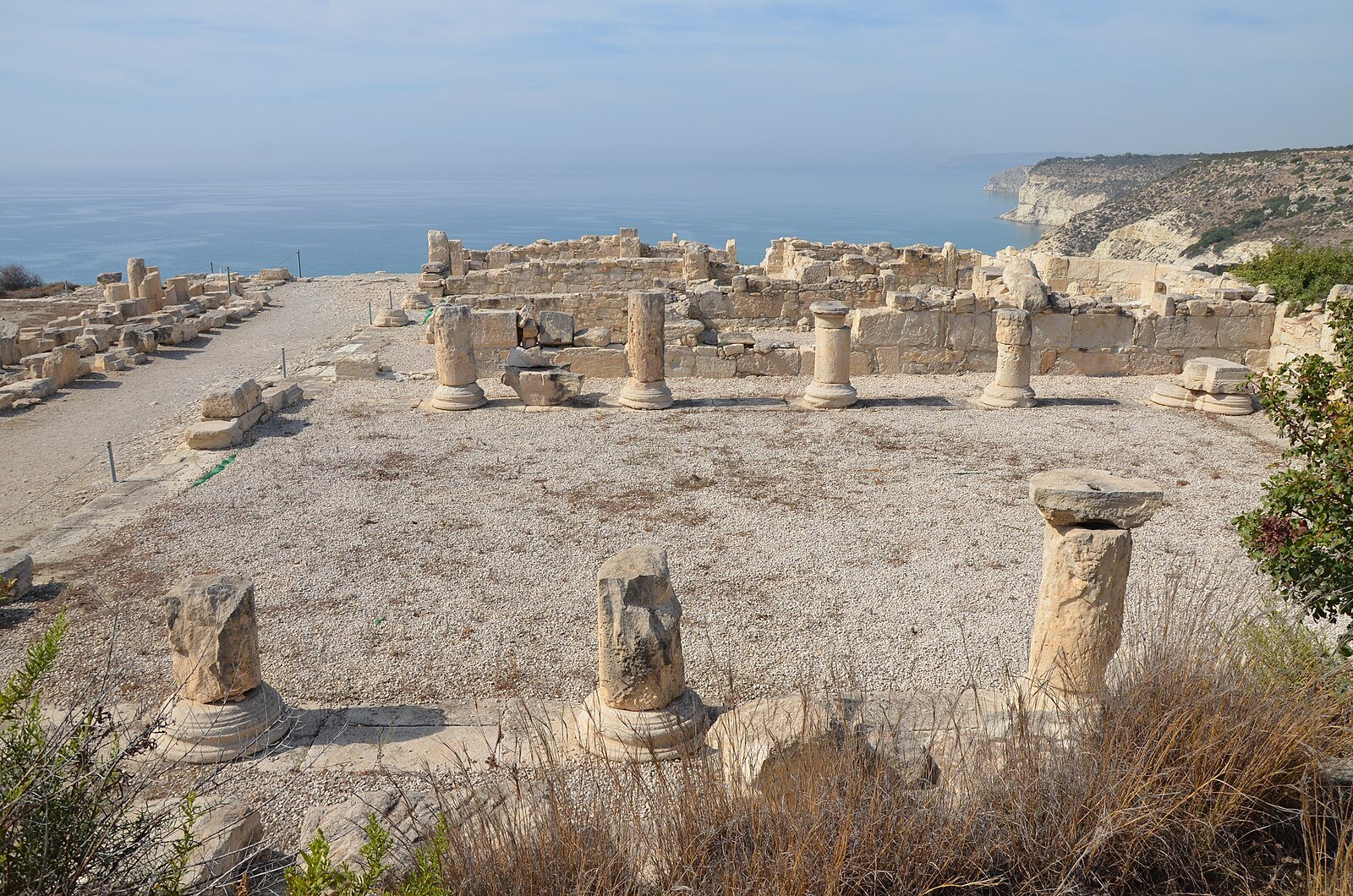 The columns and ruins of ancient Kourion on a clifftop above the Mediterranean, west of Limassol.