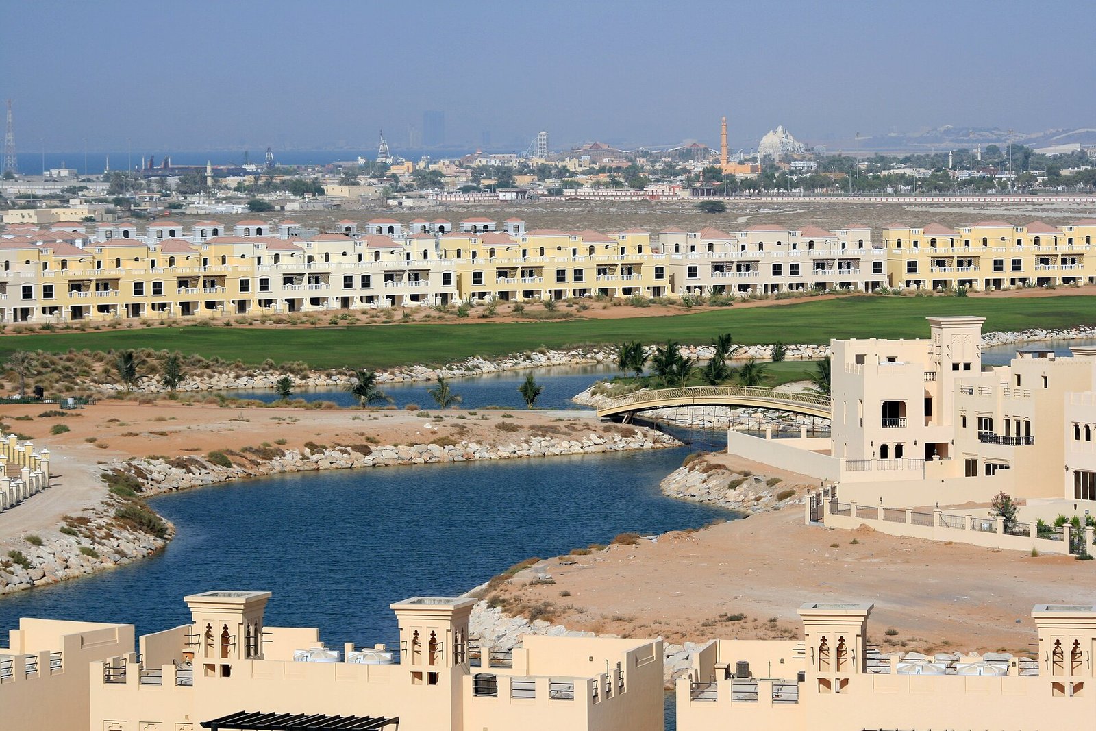 A lagoon, golf course and Arabian-style villas at Al Hamra Village in Ras Al Khaimah.