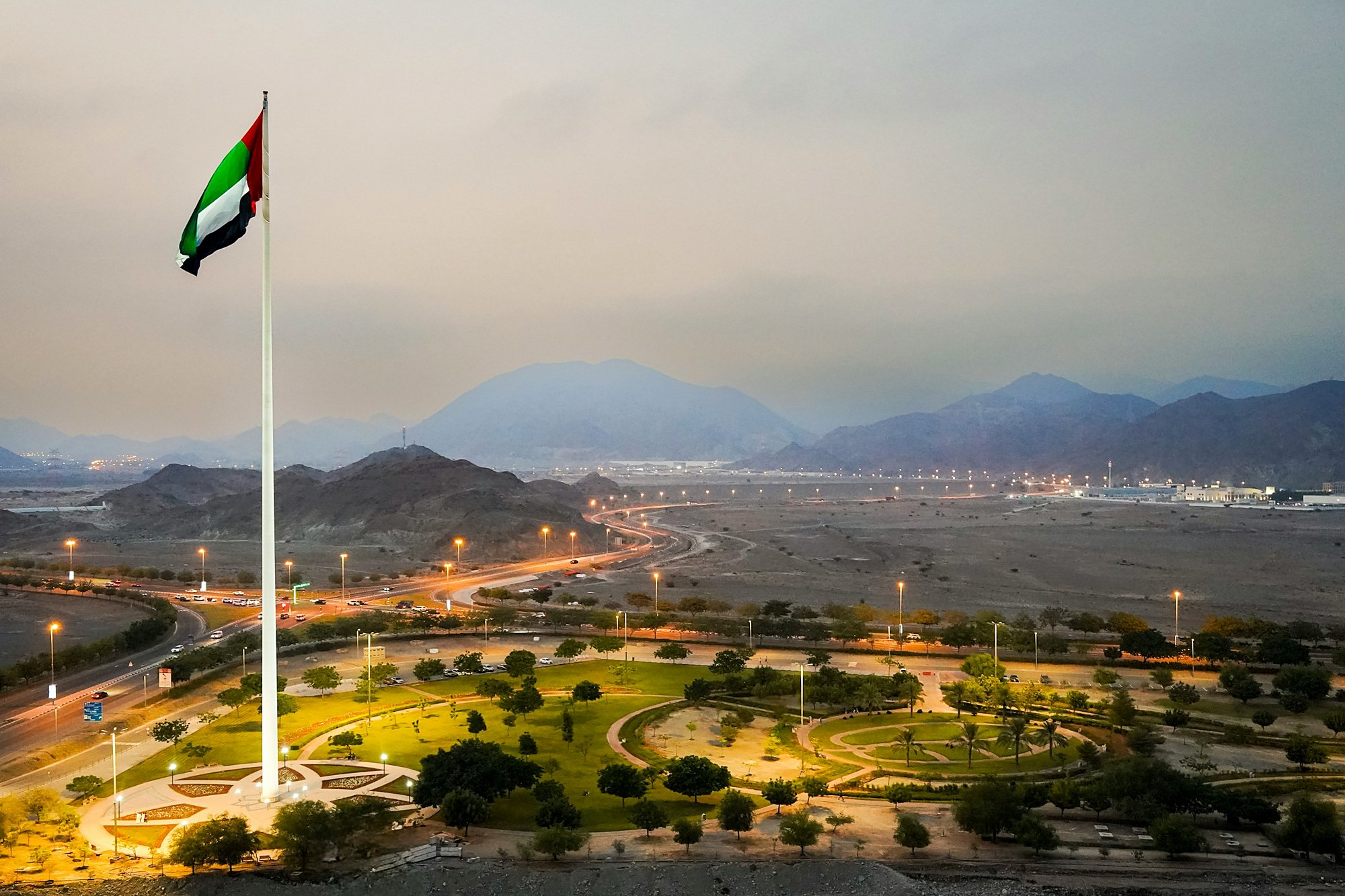 The UAE flag above the Hajar Mountains, Fujairah