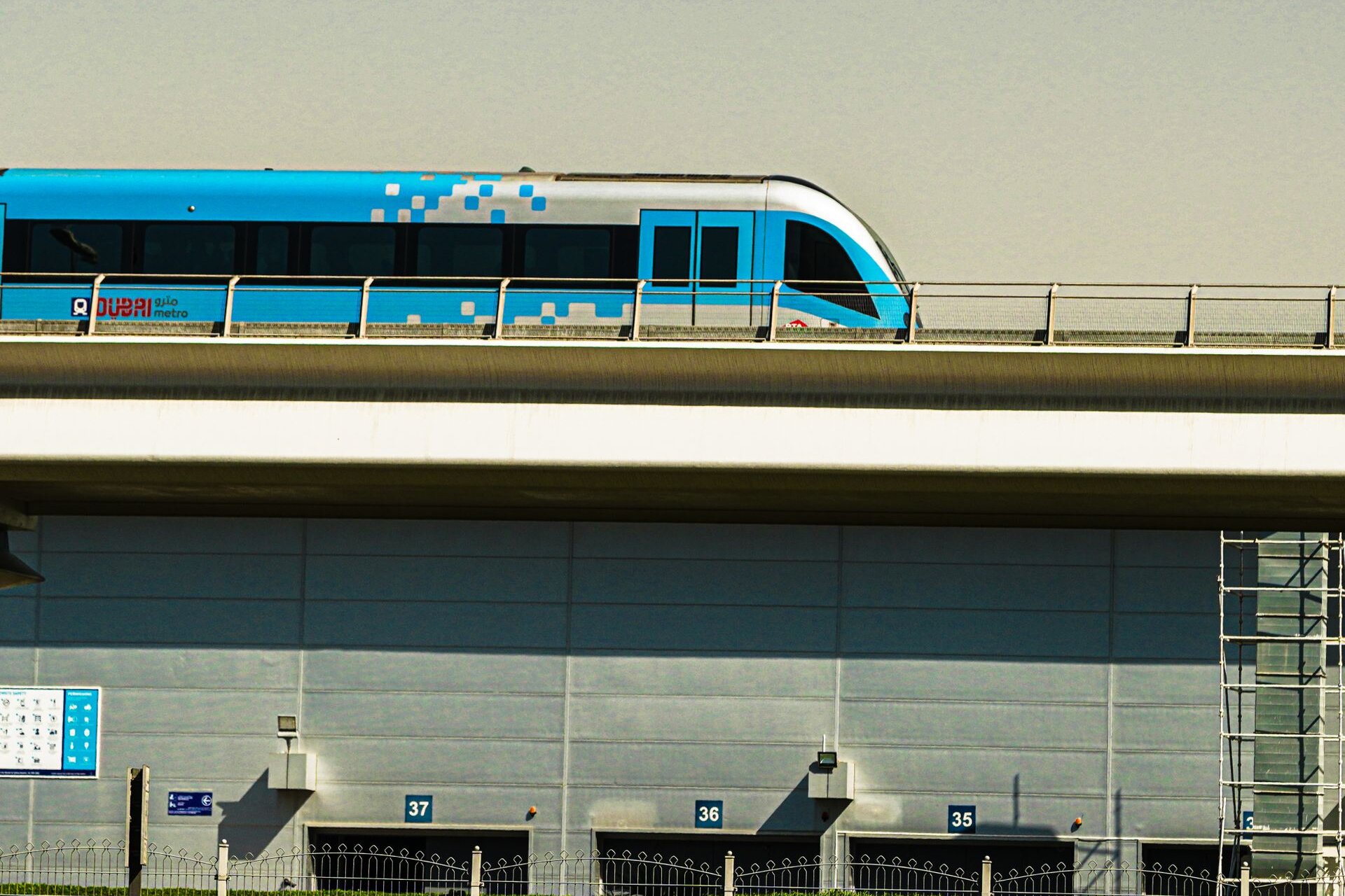 A Dubai Metro train on its elevated track