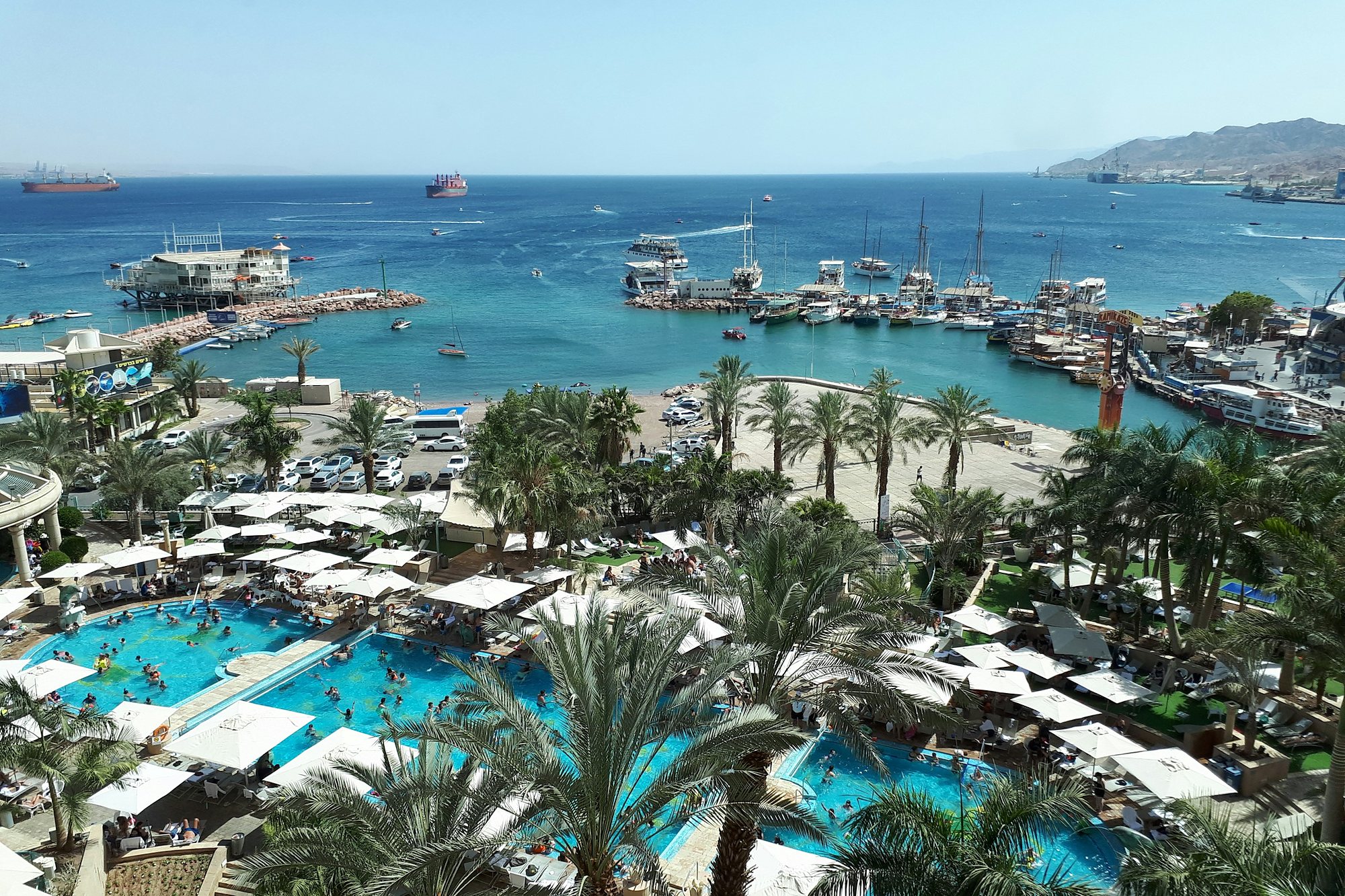 Resort pools and the marina on the Red Sea in Eilat