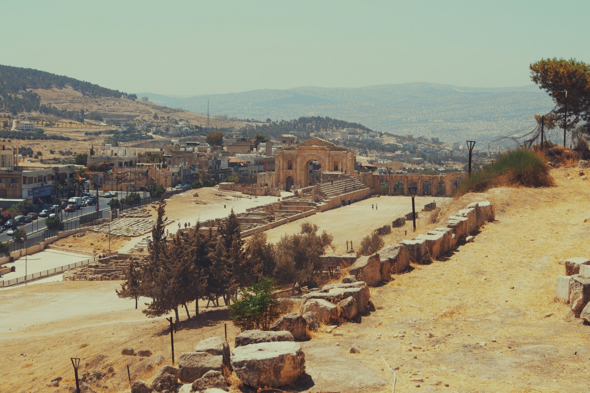 Hadrian's Arch and the hippodrome of ancient Jerash in the hills of Jordan