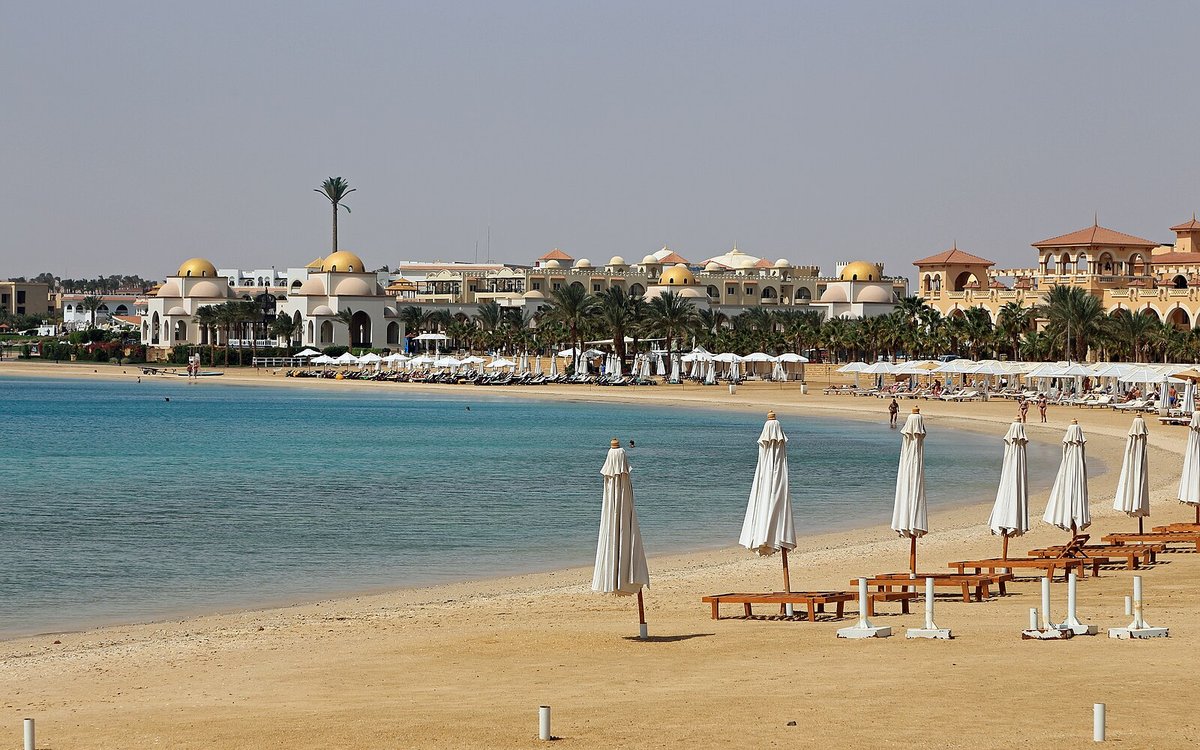 The calm turquoise bay and beach of Sahl Hasheesh on Egypt's Red Sea coast, the resort enclave The Oberoi calls home
