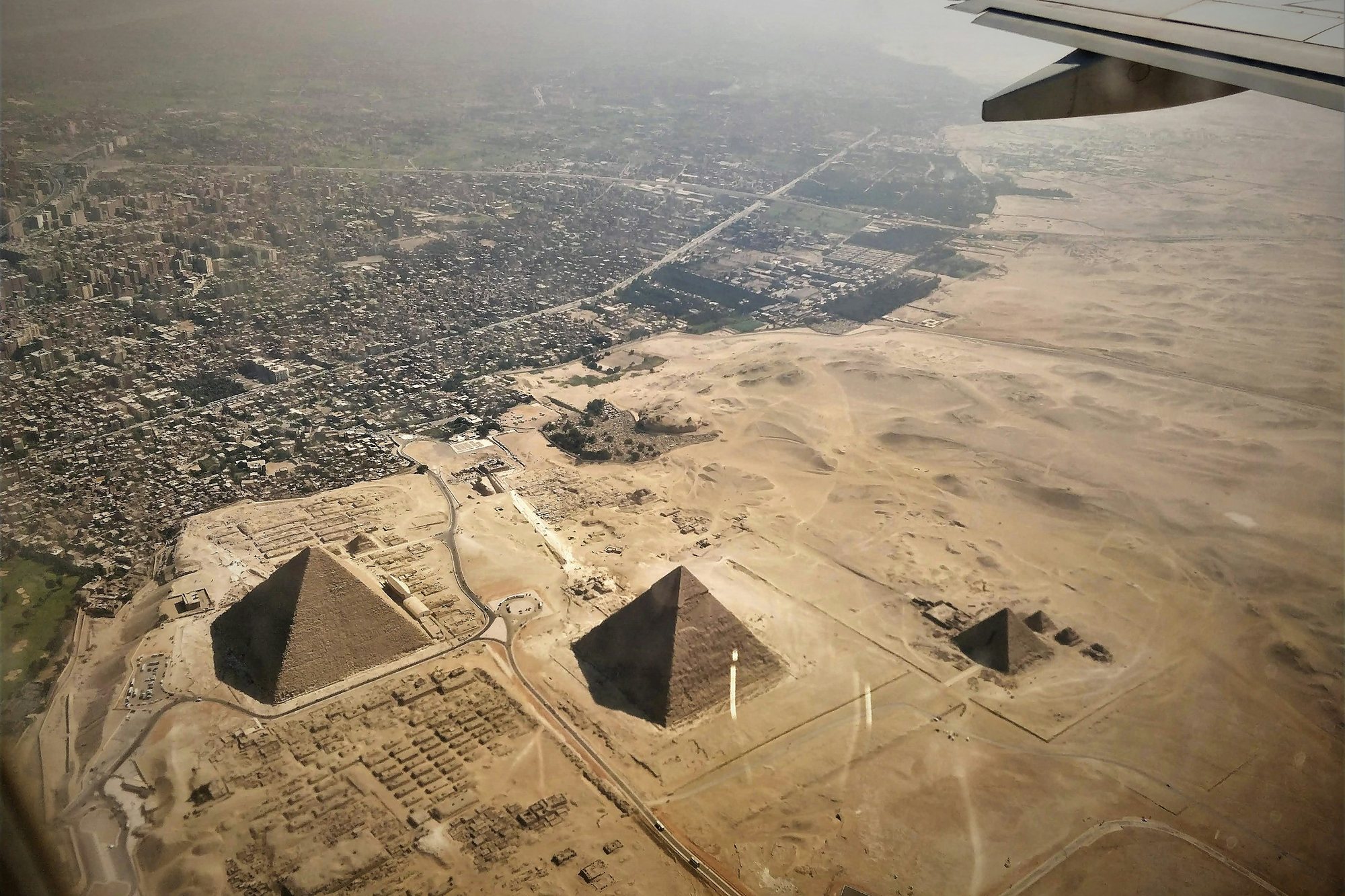 The three pyramids of Giza beside Cairo, seen from the air