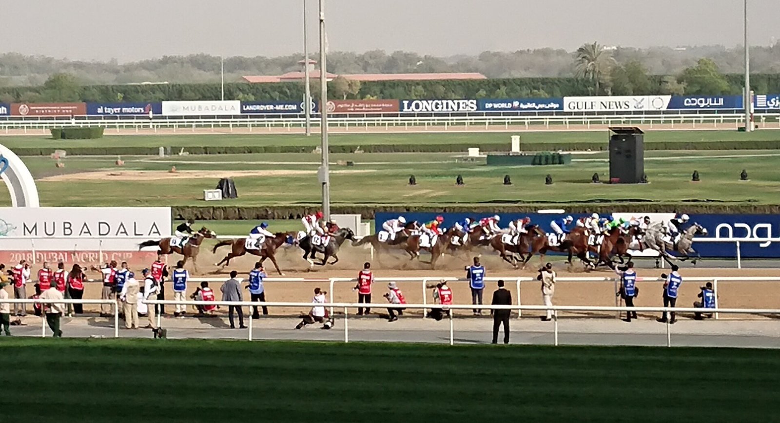 Thoroughbreds racing down the home straight on the turf at Meydan Racecourse during the Dubai World Cup meeting.