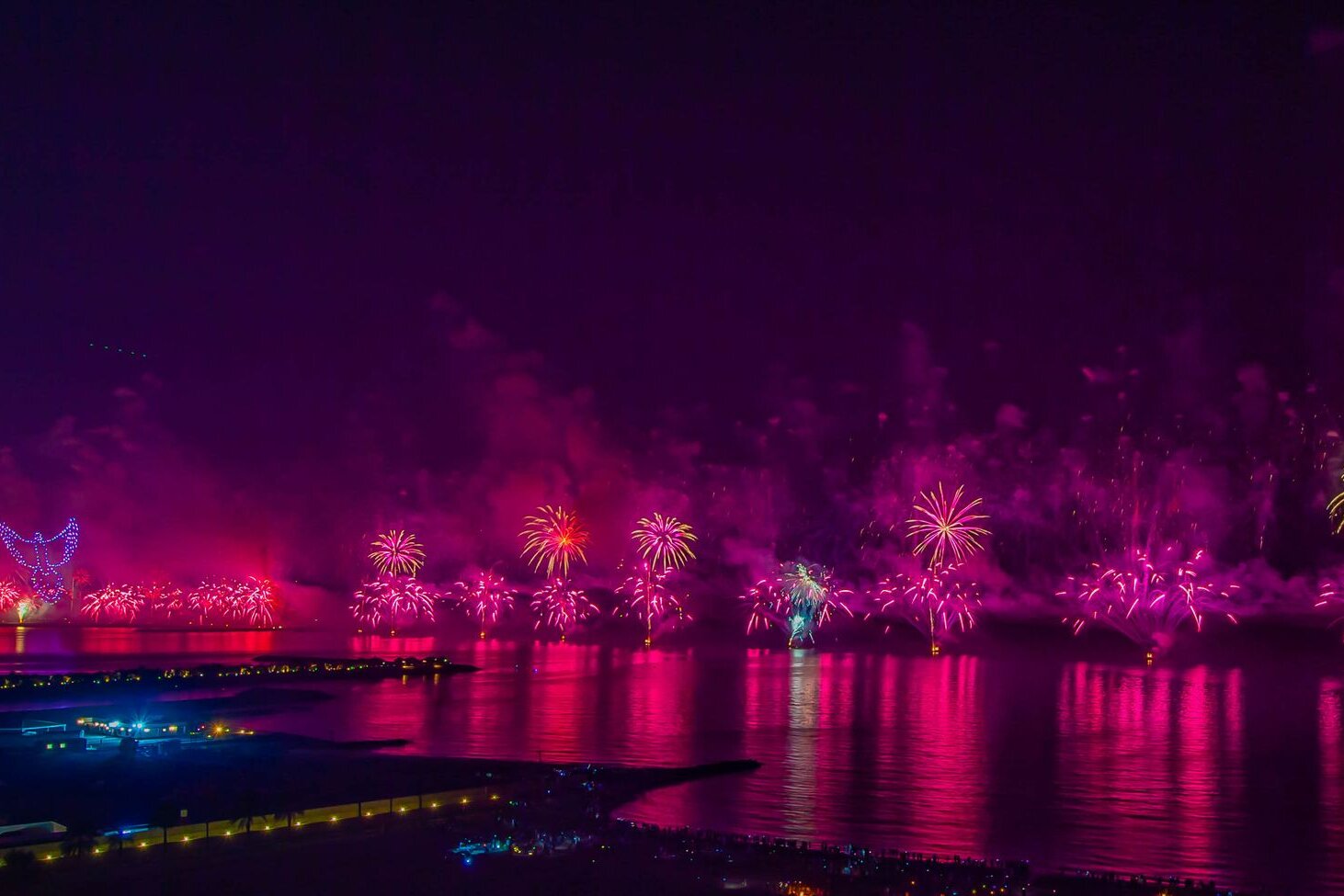 Fireworks and a drone show over the sea at Ras Al Khaimah