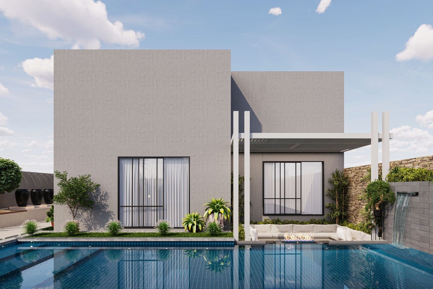 Una villa moderna con piscina y terraza sombreada