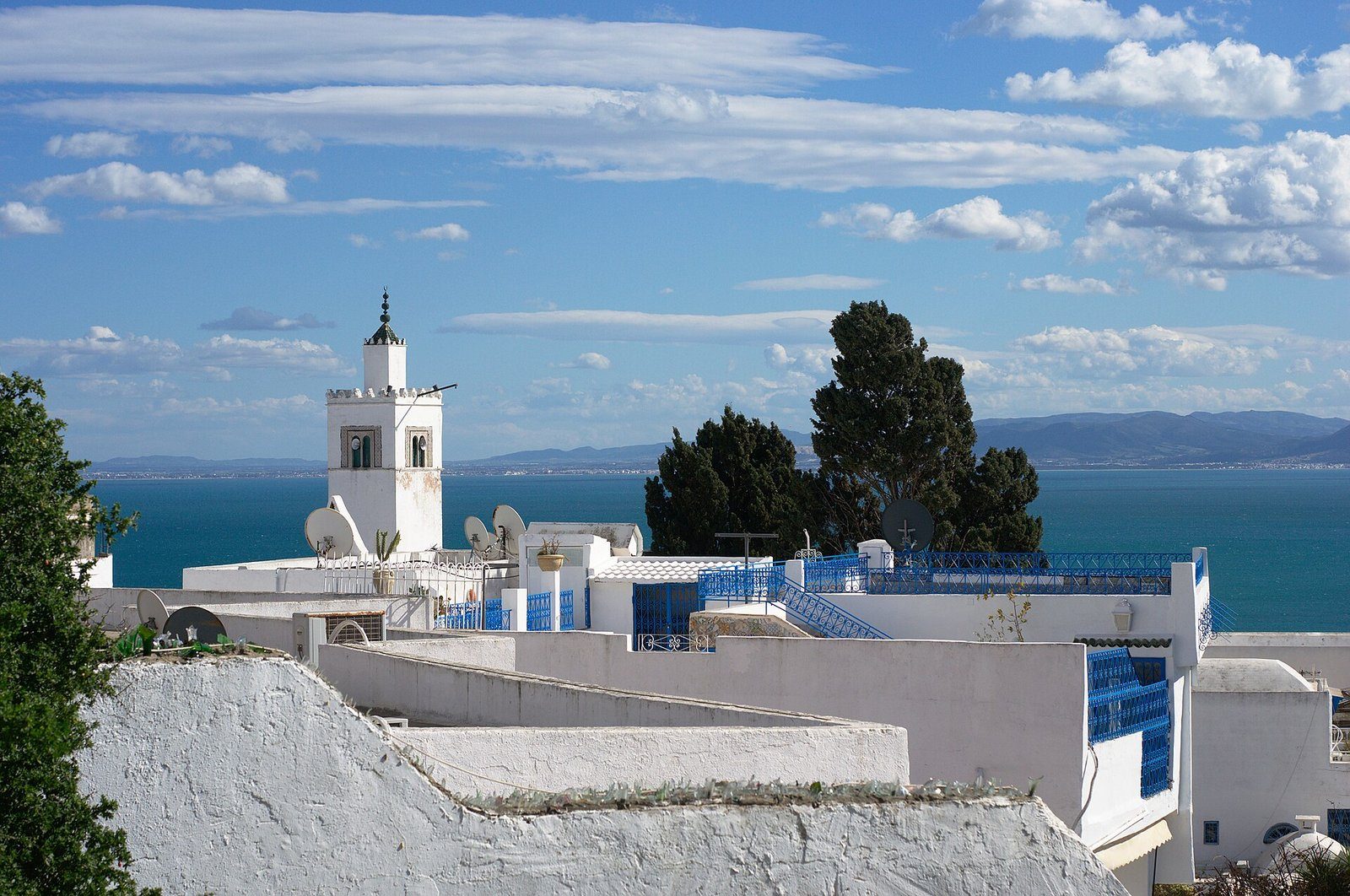 Casas blancas con contraventanas azules y un esbelto minarete sobre el golfo de Túnez en Sidi Bou Said.