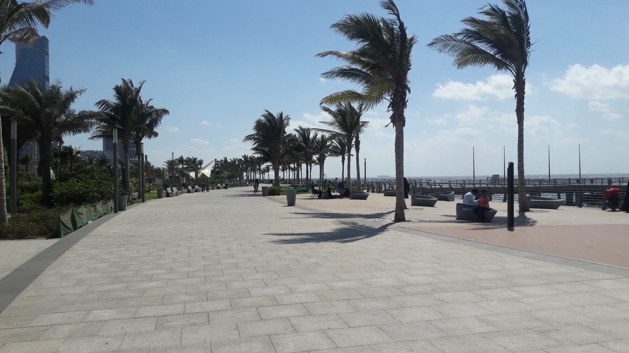Paseo flanqueado de palmeras en la Corniche de Yeda