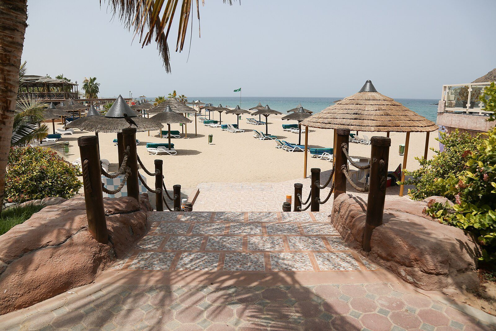 Sombrillas de palma y tumbonas sobre la arena dorada de un resort de playa en Fujairah, con el golfo de Omán al fondo.